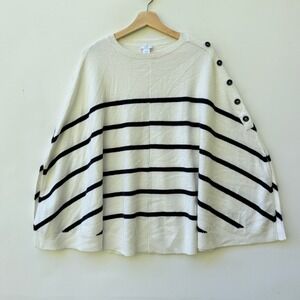 J Jill Womens‎ One Size Cream Black Striped Coastal Button Poncho Sweater Top
